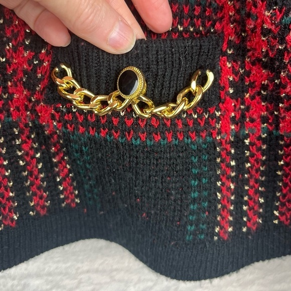 Vintage Knit Plaid Cardigan Blazer Gold Buttons Sz XL Birdseye Preppy Xmas - Picture 7 of 12